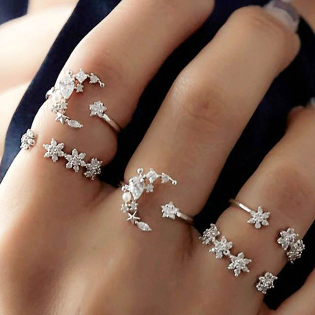 Boho diamond moon star finger ring set
