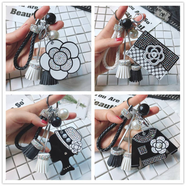 Diamond camellia flower mirror tassel keychain