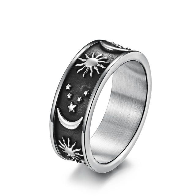 Retro sun moon and star stainless steel ring