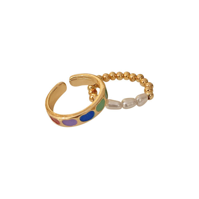 Color enamel open finger ring pearl ring set