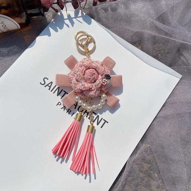 Camellia flower tassel pearl keychain
