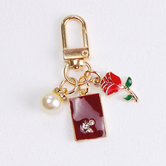 Wine red heart rose flower enamel keychain