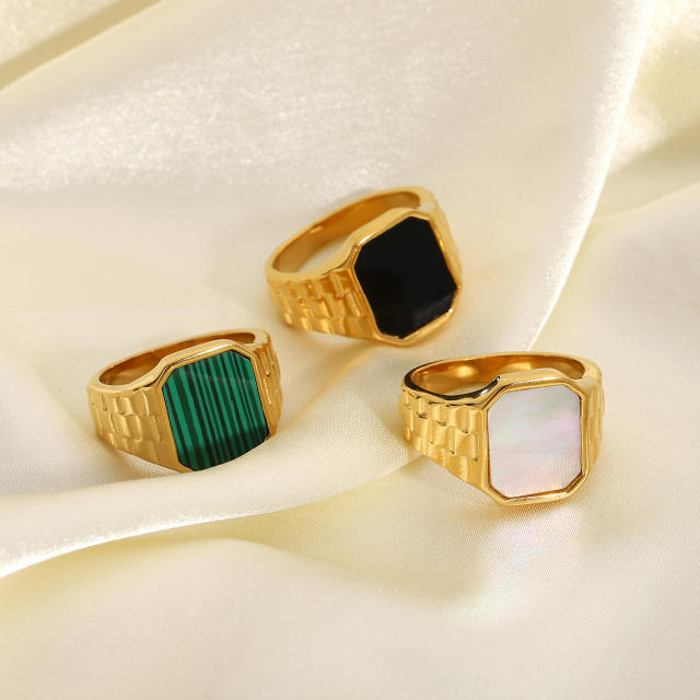 Fashion rectangular malachite shell stainless steel ring