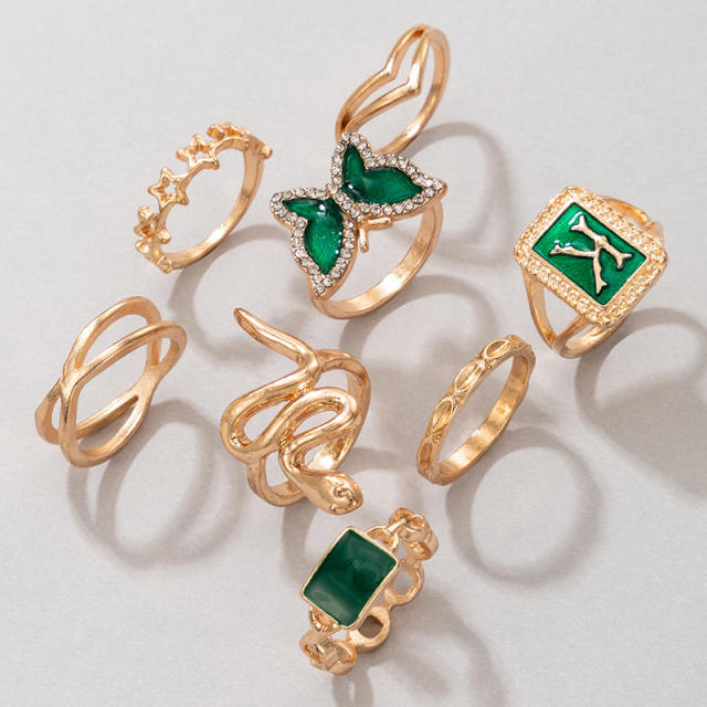 8pcs letter K green color series ring set