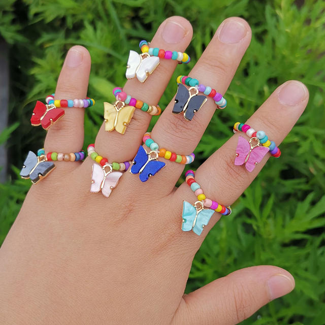 Color seed beads butterfly charm elastic finger ring