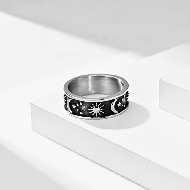 Retro sun moon and star stainless steel ring