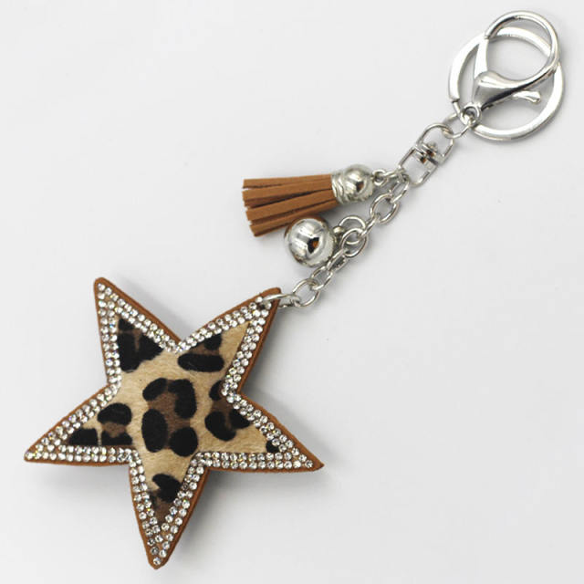 Diamond leopard pentagram tassel keychain