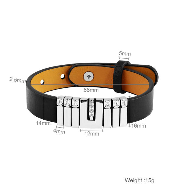Leather band engrave name stainless steel bangle for men women