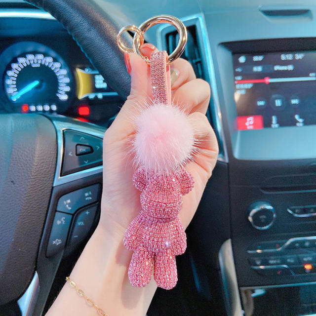 Fuzzy ball diamond bear keychain