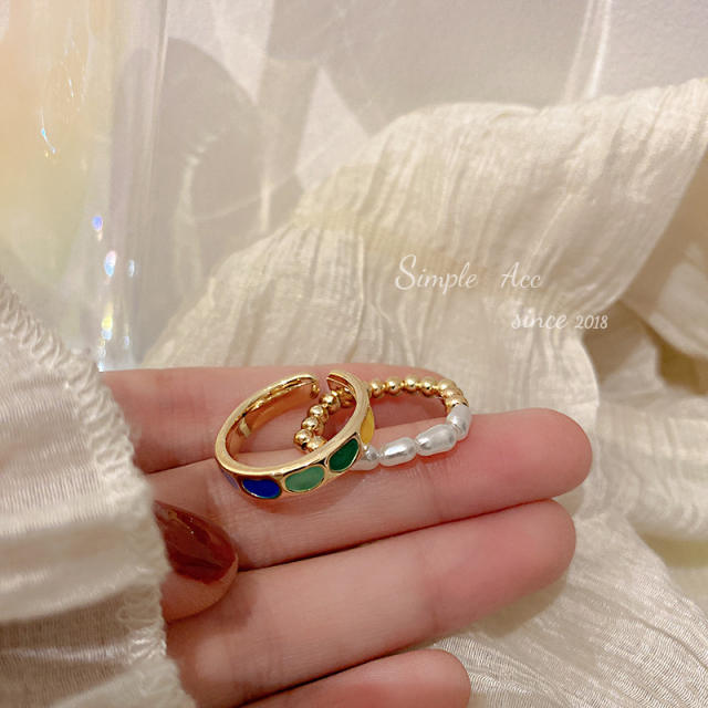 Color enamel open finger ring pearl ring set