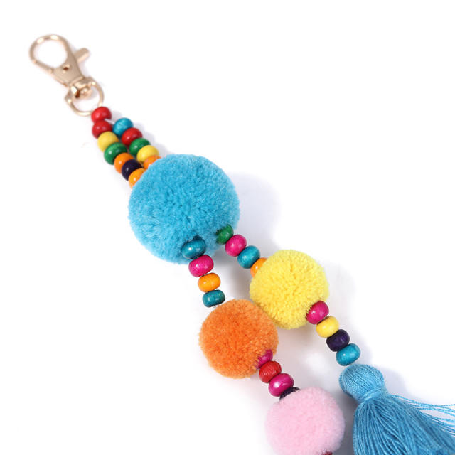 Colorful fuzzy ball tassel beads keychain