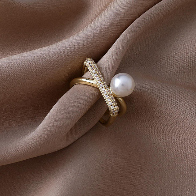 Cubic zirconia Pearl tassel cross diamond open finger ring