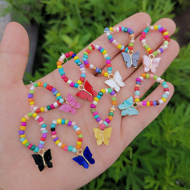 Color seed beads butterfly charm elastic finger ring