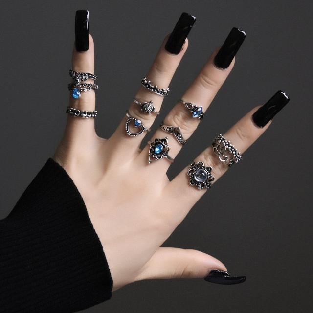 13pcs blue diamond vintage finger ring set