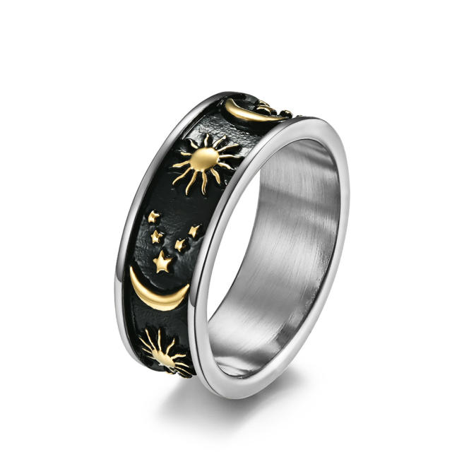 Retro sun moon and star stainless steel ring