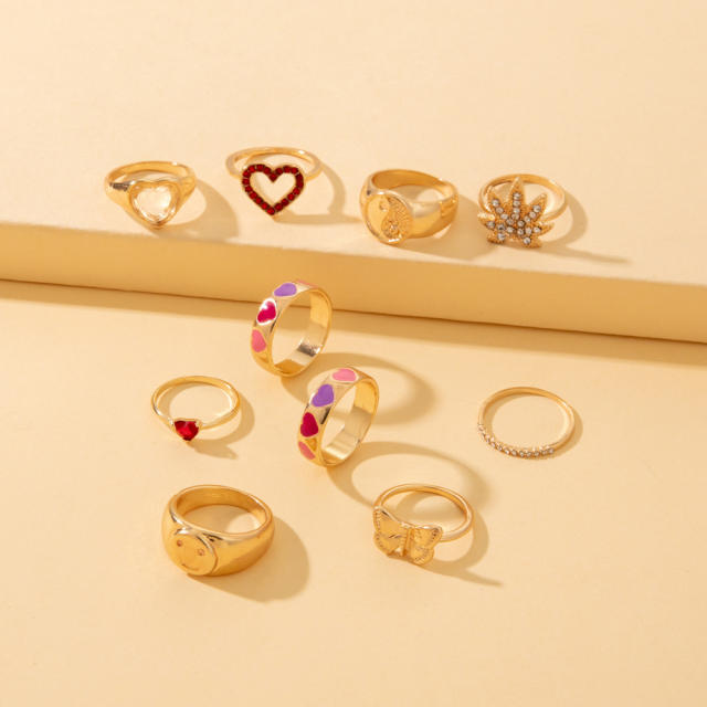 Ins heart smilely face 10pcs ring set