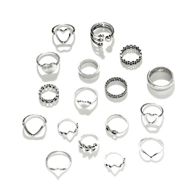 Boho silver color 17pcs finger ring set