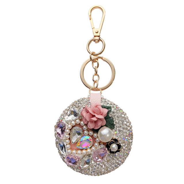 Diamond camellia flower round mirror keychain