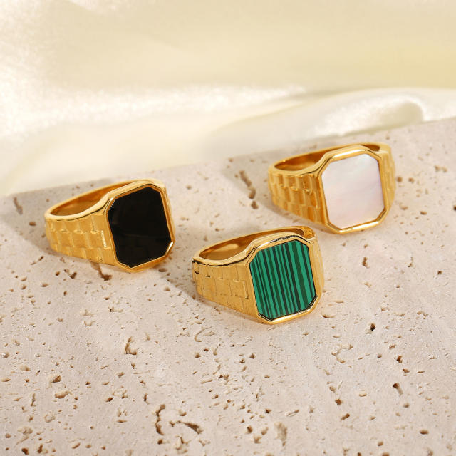 Fashion rectangular malachite shell stainless steel ring