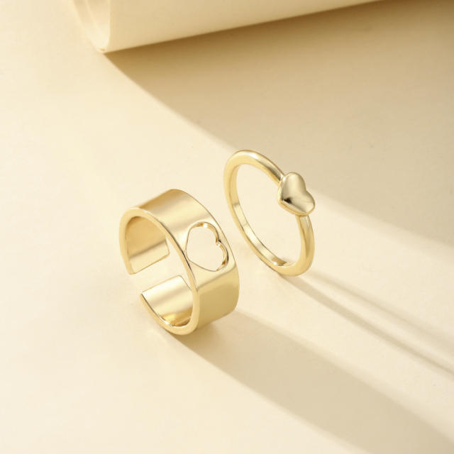 Hollow heart silver color open finger ring set