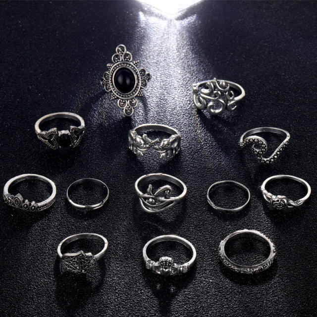 13pcs silver color hollow finger ring set