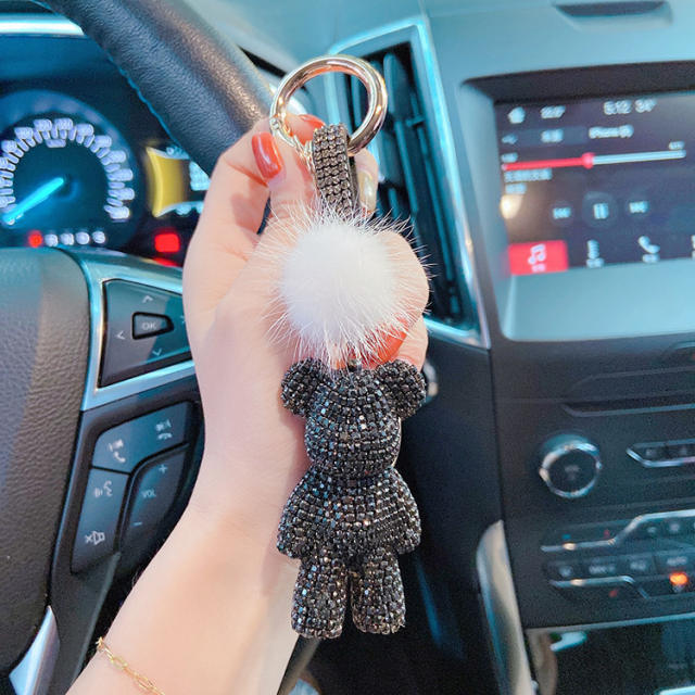 Fuzzy ball diamond bear keychain