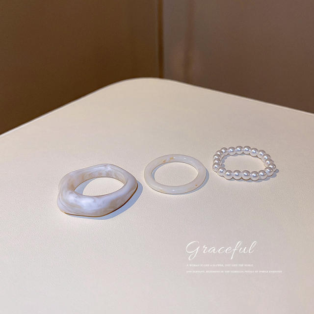 Acrylic pearl beaded 3pcs finger ring set