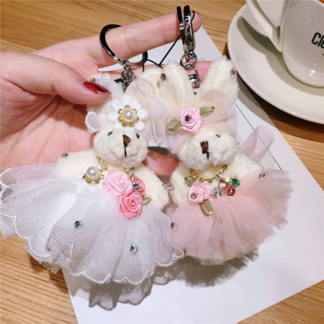 Wedding dress rabbit flower keychain