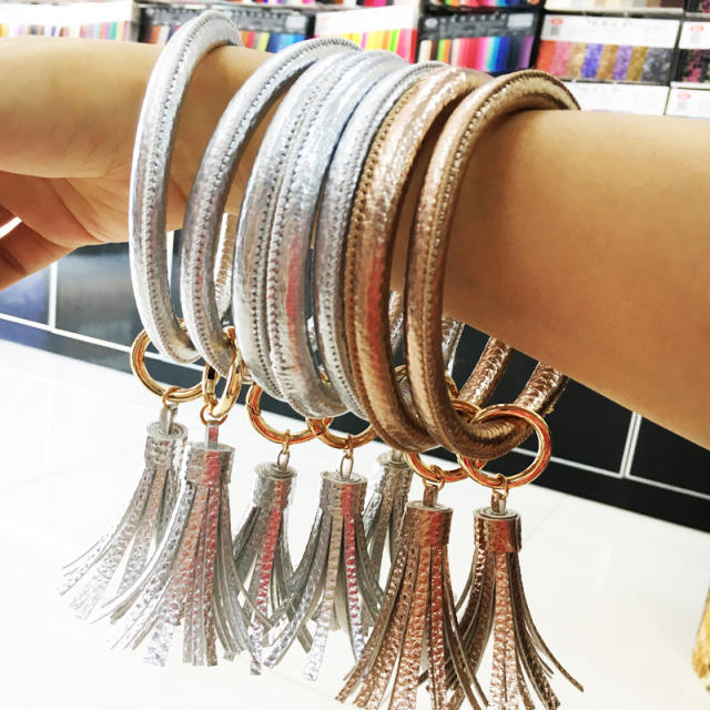 PU leather tassel bracelet keychain