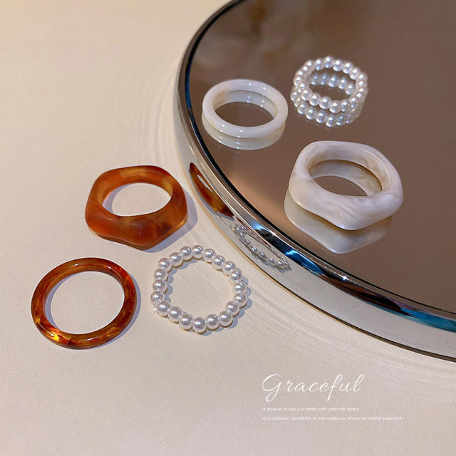 Acrylic pearl beaded 3pcs finger ring set