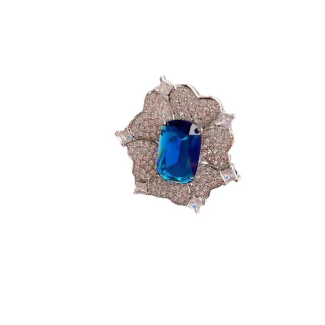 Sea blue full diaomd flower zircon 18k gold open ring