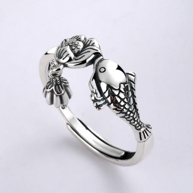 S925 lucky carp Lotus tassel adjustable rings