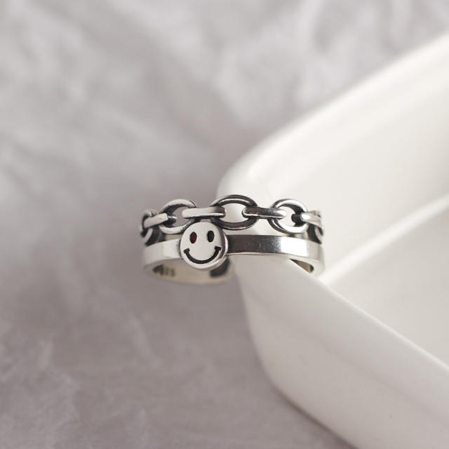 S925 vintage chain smiley face double-layer ring