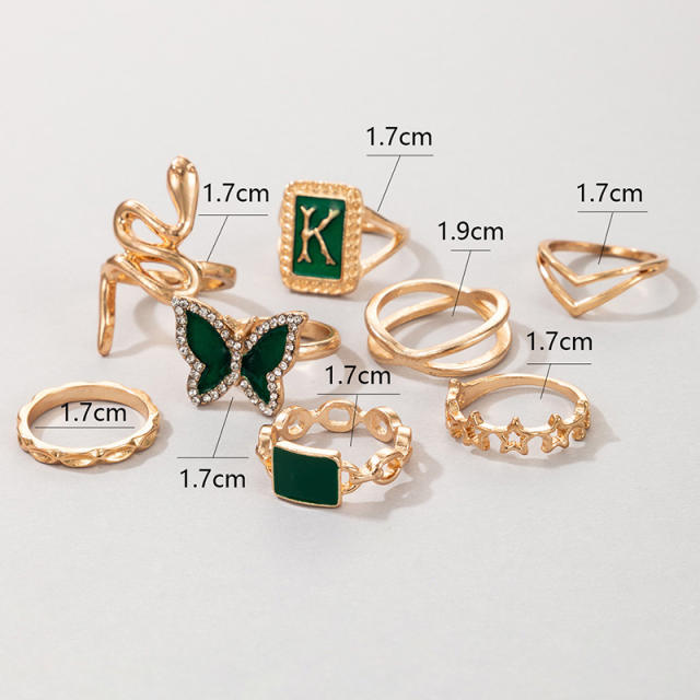 8pcs letter K green color series ring set