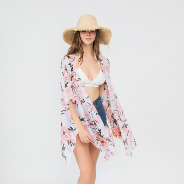 Summer design color print chiffon short cardigan bikini cover up