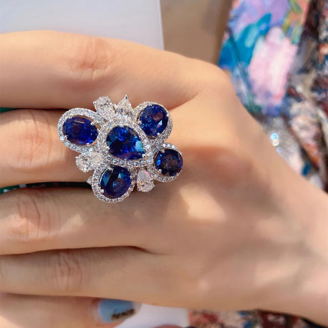 Sapphire cubic zircon flower ring for women