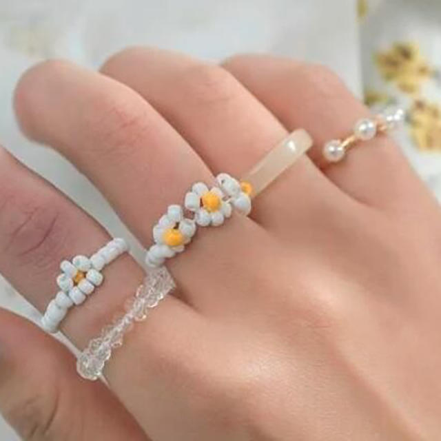 Boho seed beads flower resin ring set