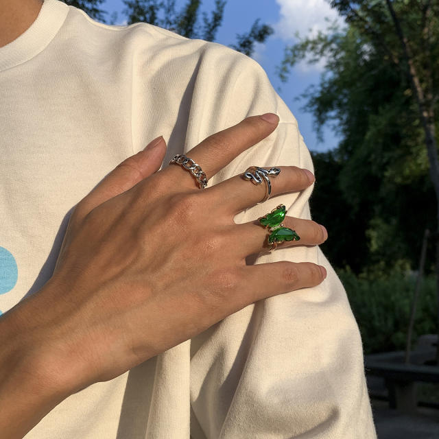 3pcs green color gem butterfly snake punk mens ring set