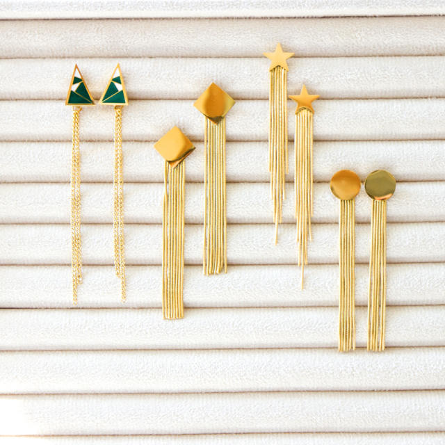 Geometric stainless steel star tassel earrings