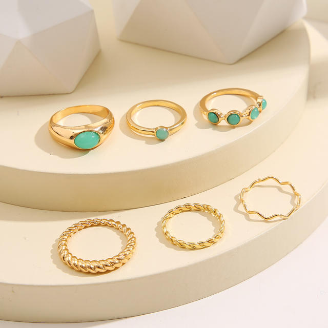 6pcs green color rhinestone stackable rings