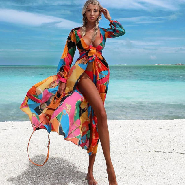Color patterned long bikini cover up