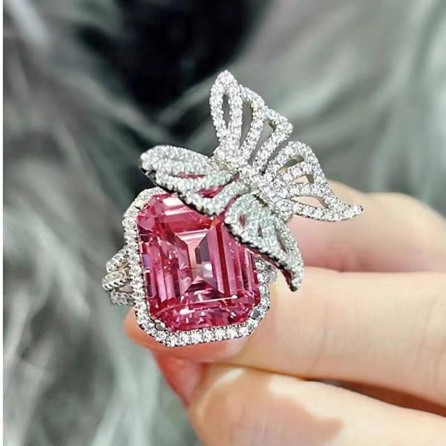 Luxury princess cut pink cubic zircon diamond butterfly rings