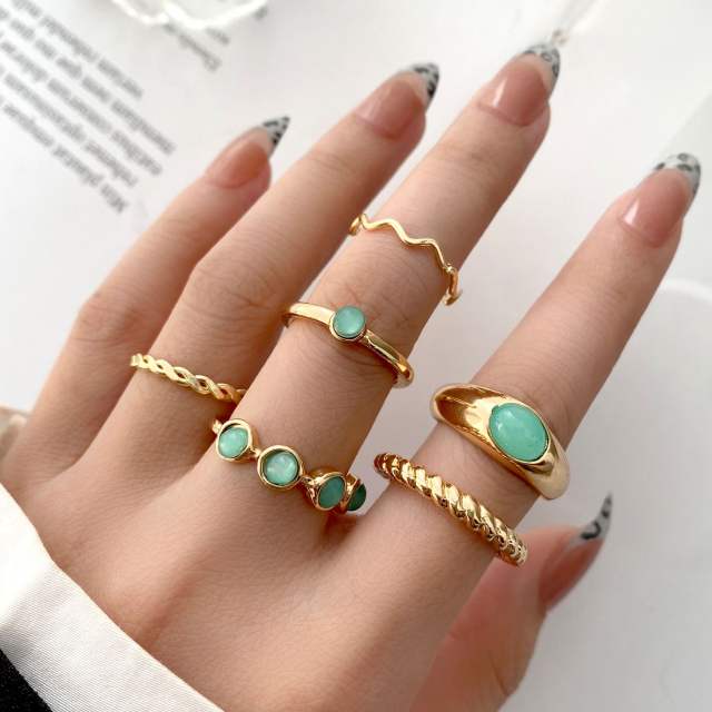 6pcs green color rhinestone stackable rings