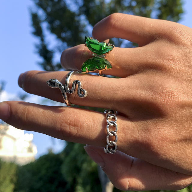 3pcs green color gem butterfly snake punk mens ring set