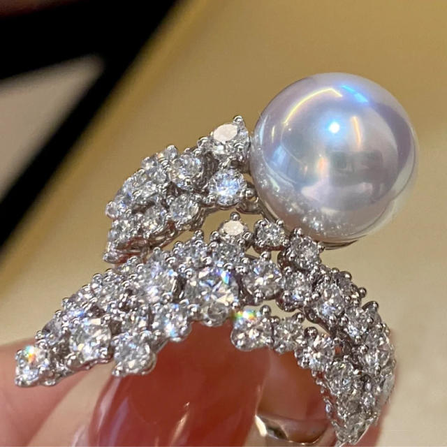 Luxury pave setting cubic zircon pearl rings