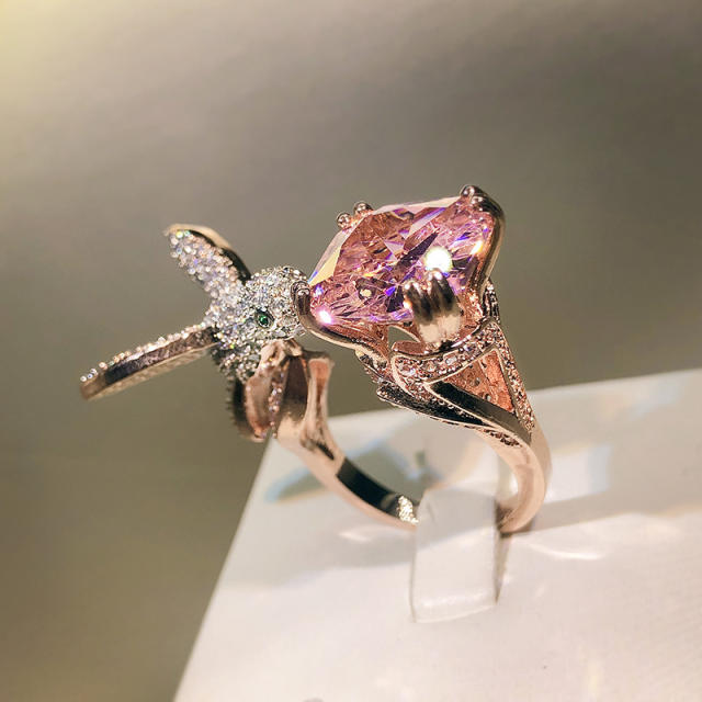 Fashion creative hummingbird pave setting rhinestone colorful rings