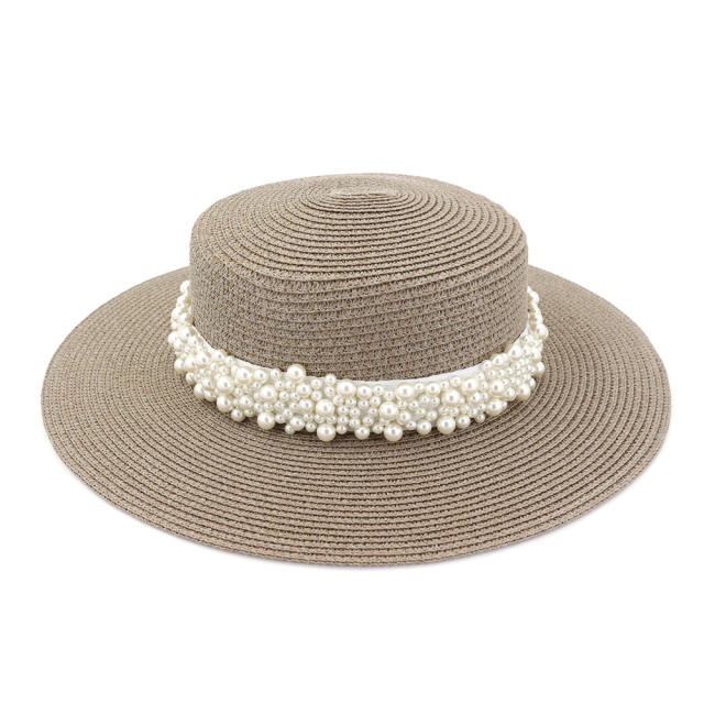 Faux pearl straw beach hat