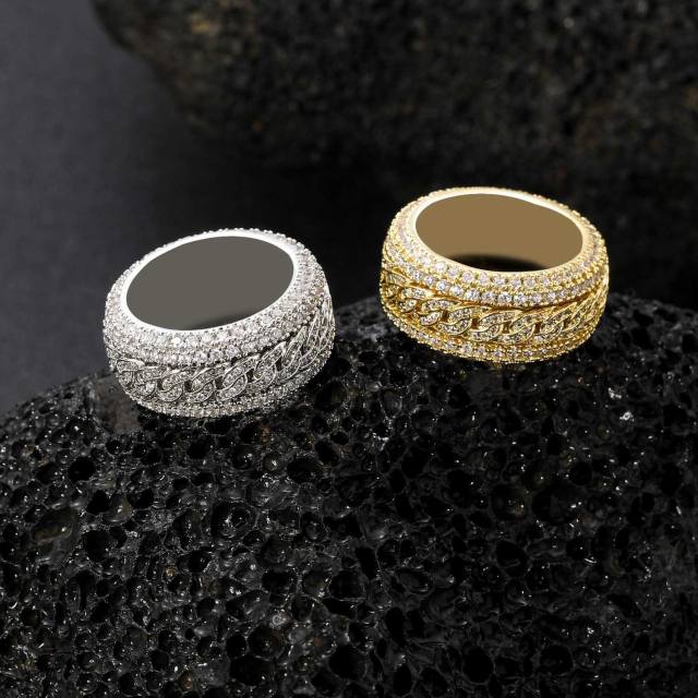 Pave setting cubic zircon rotatable cuban chain mens rings