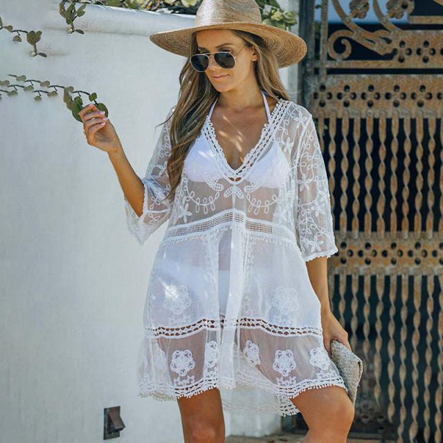 Sexy lace white color short beach dress cover up