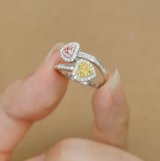 Sweet pink yellow cubic zircon heart openning rings for women